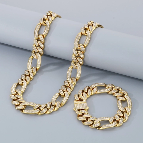 Joyas De Collar Y Pulsera De Eslabones Cubanos Hip Hop Iced Out Para Hombre Estrás Brillante Acero Titanio