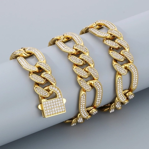 Joyas De Collar Y Pulsera De Eslabones Cubanos Hip Hop Iced Out Para Hombre Estrás Brillante Acero Titanio