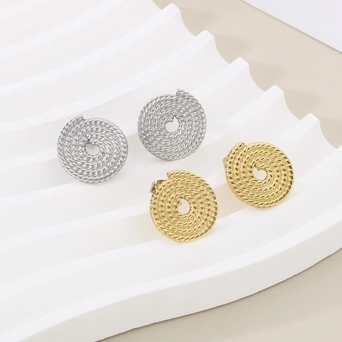 Round Spiral Rope Texture Stud Earrings Stainless Steel Vintage Hollow Circle Jewelry For Women Daily Wear