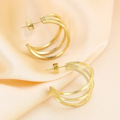 Pendientes De Aro En C De Triple Capa De Acero Inoxidable Minimalista Geométrico Para Mujer Joyería Retro Elegante