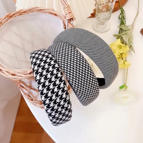 Retro Houndstooth Pattern Wide Padded Headband For Women Fabric Sponge Hair Hoop Fashion Hair Accessories