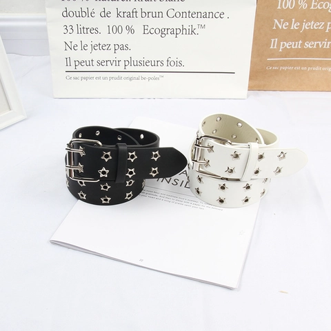 Punk Stern Dual Reihe Gürtel Kunstleder Hohlstern Ösen Metall Dornschließe Rock Stil Mode Jeans Bund Für Frauen
