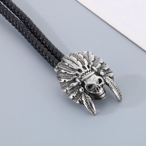 Bracciale In Pelle Intrecciata Uomo Con Teschio Capo Indiano In Acciaio Inossidabile 316L Gioiello Etnico Punk Rock Vintage