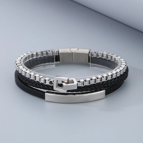 Bracciale Multistrato Uomo Acciaio Inossidabile Corda Pelle Intrecciata Chiusura Magnetica Stile Punk Industriale
