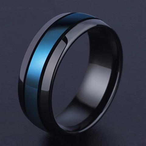 Men Tungsten Steel Ring Black And Blue Dual Color Polished Band Fashion Jewelry For Anniversary Party