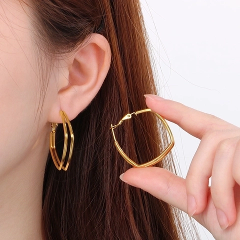 Stainless Steel Double Layer Geometric Hollow Square Earrings 18K Gold Plated Minimalist Fashion Jewelry For Women