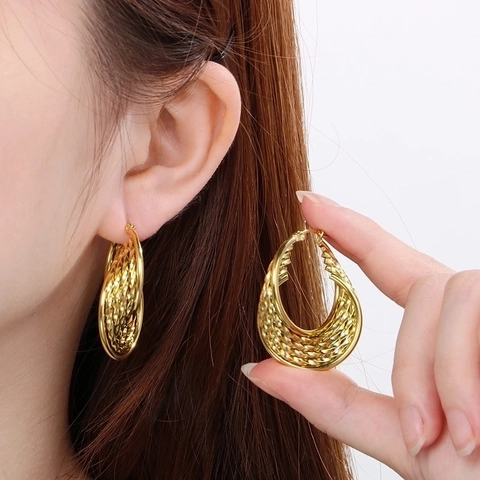 U Shaped Hoop Earrings Stainless Steel Twisted Woven Texture Metallic Minimalist Geometric Jewelry For Women