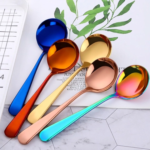 Cucchiaio Tondo In Acciaio Inossidabile Colorato Lucidato A Specchio Testa Profonda Manico Lungo Per Zuppa Dolce