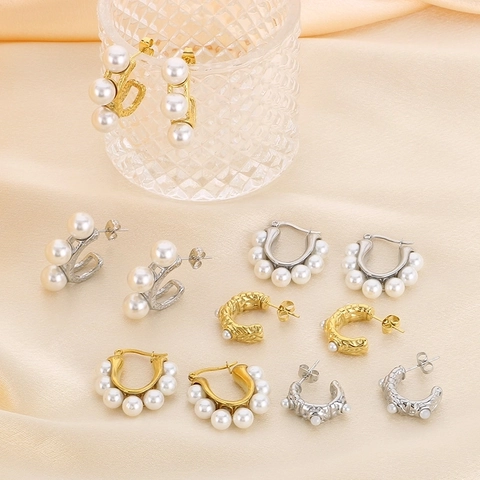 Gold Plated Stainless Steel Shell Artificial Pearl Hoop Earrings Elegant Fashion C Shape Jewelry For Women