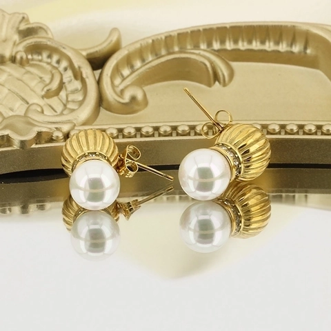 Vintage Kunstperlen Ohrhänger 316L Edelstahl Strukturierte Gestreifte Kuppel Mit Strass Hypoallergen Für Damen