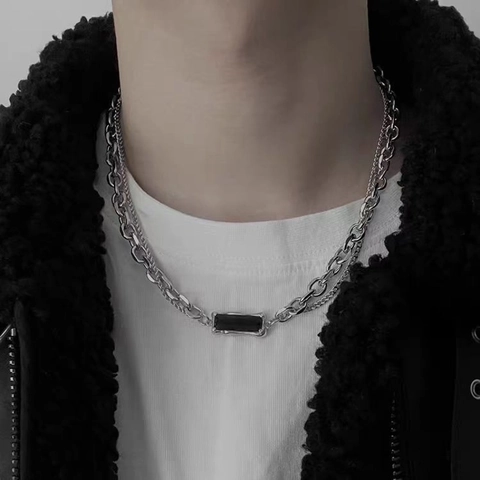Collana E Bracciale In Acciaio Inossidabile A Doppio Strato Ciondolo In Zircone Rettangolare Nero Stile Hip Hop Uomo Unisex Gioielli
