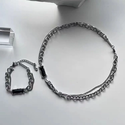 Collana E Bracciale In Acciaio Inossidabile A Doppio Strato Ciondolo In Zircone Rettangolare Nero Stile Hip Hop Uomo Unisex Gioielli