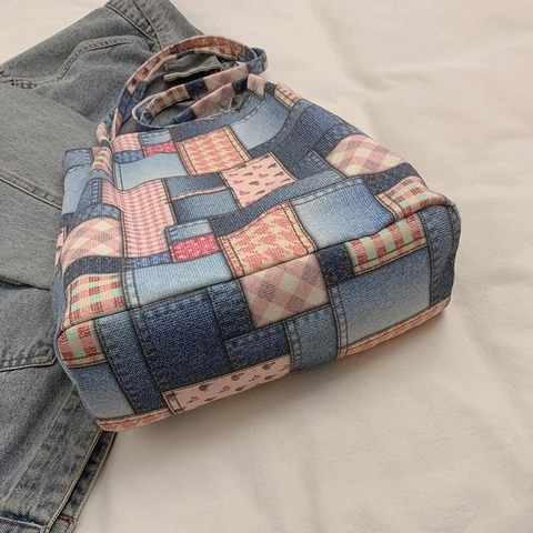 Grande Borsa Tote Patchwork Denim Tela A Quadri Floreale Spalla Borsa A Mano Donne Casuale Versatile Borsa Sotto Ascella