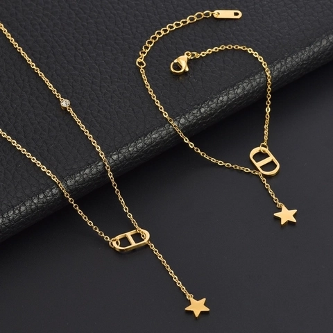 Necklace And Bracelet Stainless Steel Star Letter Charms Zircon Inlaid Geometric Link Gold Tone Fashion Accessories For Women