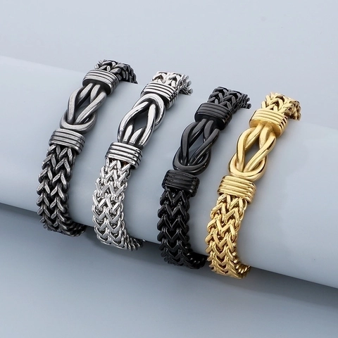 Stainless Steel Woven Bracelet For Men Punk Hip Hop Jewelry With Decorative Knot Wheat Chain Link Solid Durable