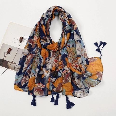 Retro Boho Schal Stola Ethno Blumendruck Polyester Voile Langer Wickelschal Mit Quasten Für Damen