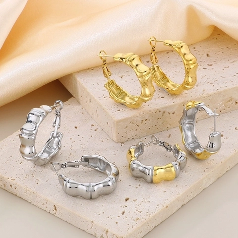 Bamboo Joint Hoop Ohrringe 18K Vergoldet Edelstahl Mischfarben Mode Schmuck Für Damen Trendy Leicht Retro