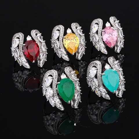 Bague en Alliage d'Ailes d'Ange de Luxe pour Femmes avec Zirconia Forme de Poire Émeraude Rose Rouge Jaune Bijoux