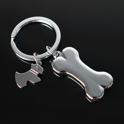 Zinc Alloy Dog Bone And Puppy Silhouette Keychain Silver Metal Animal Shape Key Ring For Bag Decoration Gifts