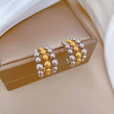 Titanium Steel Gold Silver Tone Beaded C Shape Hoop Earrings Multi Row Minimalist Style For Women