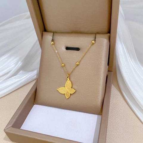 Butterfly Pendant Necklace Titanium Steel Gold Plated Textured Wings Bead Chain Minimalist Ins Style Fashion Jewelry