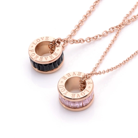 Roségold Titanstahl Anhänger Halskette Mit Kristall Inlay Römische Textur Sanduhr Zylinder Gravierte Love Forever