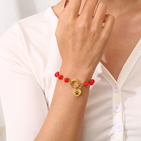 Perlenarmband Herz Pfotenabdruck Anhänger Kristall Glasperlen Hohl Tier Fußabdruck Schmuck Für Frauen Tierliebhaber