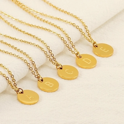 Initial Letter Necklace For Women Minimalist Round Disk Pendant 18K Gold Plated Stainless Steel Mirror Polished Jewelry Gift