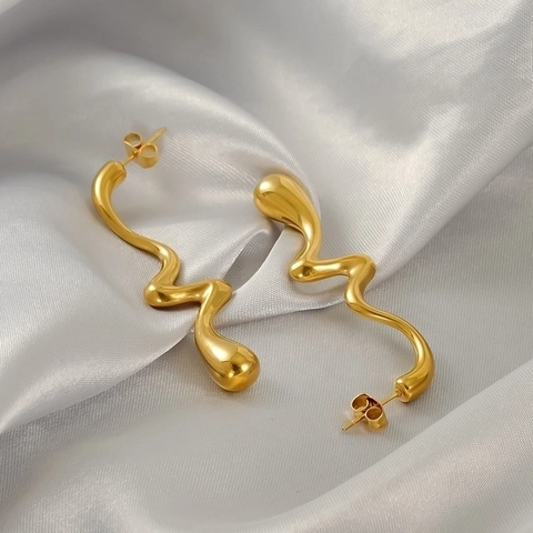Twisted Line Stud Earrings Stainless Steel Gold Plated Irregular Fluid Wavy Minimalist Modern Jewelry For Women