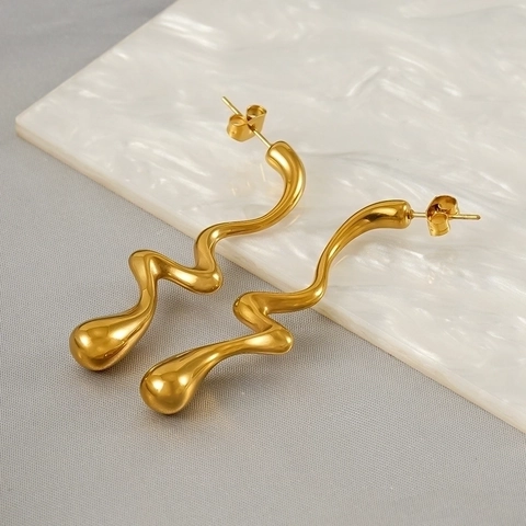 Twisted Line Stud Earrings Stainless Steel Gold Plated Irregular Fluid Wavy Minimalist Modern Jewelry For Women
