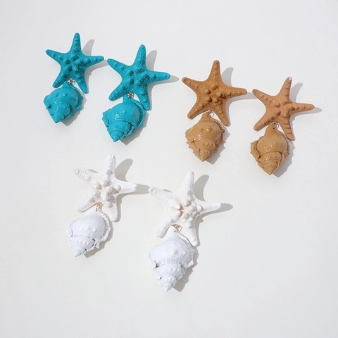 Bohemian Starfish Conch Shell Drop Earrings For Women 925 Sterling Silver Earring Post Rhinestone Painted Hawaii Beach Jewelry
