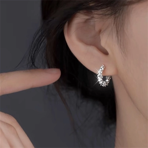 Orecchini a Bottone in Argento Sterling S999 a Forma di C con Texture Argento e Strass Orecchini Geometrici per Donna