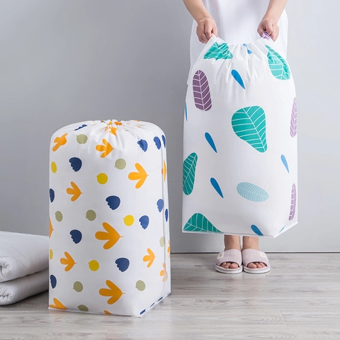 Quilt Storage Bag Waterproof PEVA Large Capacity Cylindrical Drawstring Closet Wardrobe Organizer Printed Dustproof Moistureproof