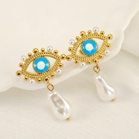 Evil Eye Drop Earrings 18K Gold Plated 304 Stainless Steel Enamel Artificial Baroque Pearl Vintage Boho Style Women