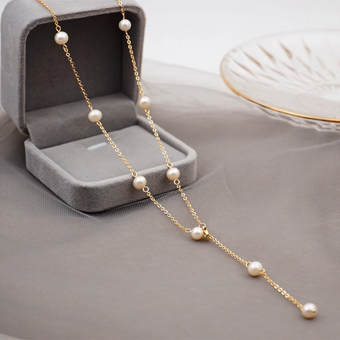 Collana Fatta A Mano Süßwasserperle D'acqua Dolce Forma Y Acciaio Al Titanio Catena Lunga Regolabile Gioielli Minimalisti Donna