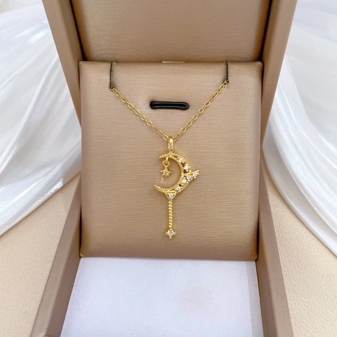 Elegante Maan Ster Hanger Ketting Roestvrijstalen Ketting Koper Zirkoon Kwastje Luxe Sleutelbeen Schakel Voor Dames