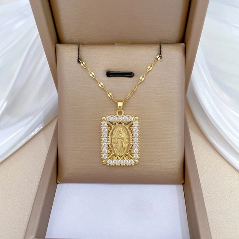 Maagd Maria Hanger Ketting Roestvrij Stalen Ketting Koper Zirkoon Rechthoekig Portret Vintage Vergulde Sieraden Vrouwen