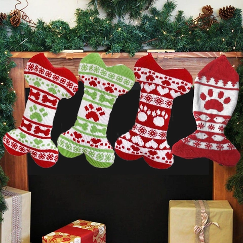 Knitted Christmas Stocking Bone Fish Shape Paw Print Snowflake Pattern Holiday Fireplace Hanging Decor Pet Lovers