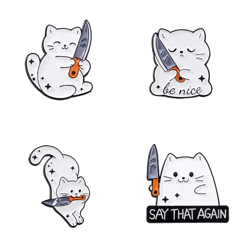 Pin De Esmalte De Gato Blanco Divertido Con Cuchillo Broche De Aleación De Zinc Dibujos Animados Para Mochila Ropa Accesorio