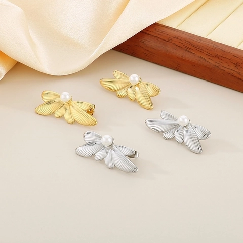 Butterfly Wing Artificial Pearl Stud Earrings Stainless Steel Elegant French Style Minimalist Jewelry For Women