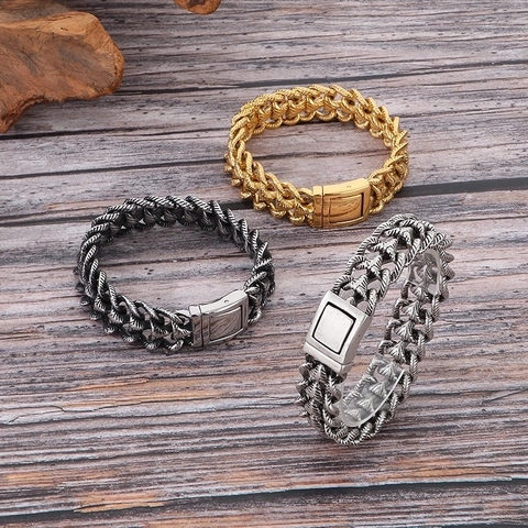 Pulsera De Cadena Pesada Para Hombre Acero Inoxidable 316L Retro Punk Trenzado Hueso De Dragón Chapado Al Vacío Joyería Vintage