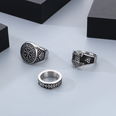 Viking Ring Men Stainless Steel Retro Thor Hammer Mjolnir Compass Vegvisir Runes Nordic Mythology Punk Biker Jewelry