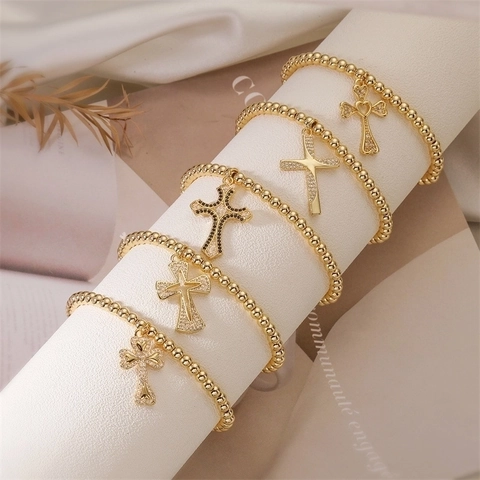 Bracciale a Croce in Zirconia Incastonato in Rame di Moda Bracciale Elastico Regolabile con Perline Elegante Gioiello Religioso per Uomo Donna Oro