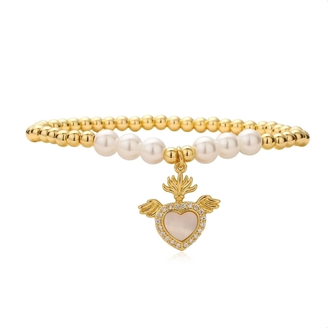 Braccialetto Vintage in Rame con Zirconia Cuore e Ali Perline per Donna Oro Perla Artificiale Sacro Cuore Gioielli di Moda