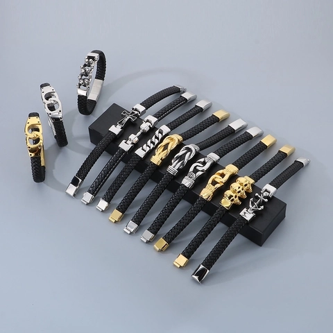 Bracciale Da Uomo In Pelle Intrecciata Acciaio Inossidabile 316L Chiusura Magnetica Teschio Ancora Croce Punk Rock