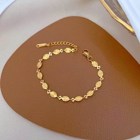 Pulsera de Cadena de Acero de Titanio Vintage Chapada en Oro con Lentejuelas Ovaladas para Mujer Joyería Elegante de Estilo Coreano Regalo Cumpleaños