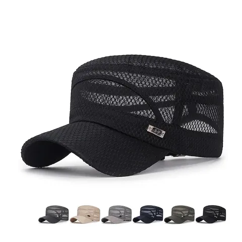 Casquette Cadet En Maille Polyester Respirant Chapeau Plat Été Protection Solaire Réglable Style Militaire