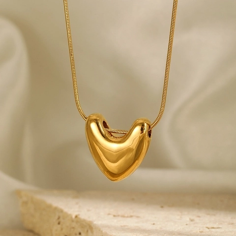 Minimalist 3D Puffy Heart Pendant Necklace For Women 304 Stainless Steel 14K Gold Plated Chic Snake Chain Clavicle Jewelry