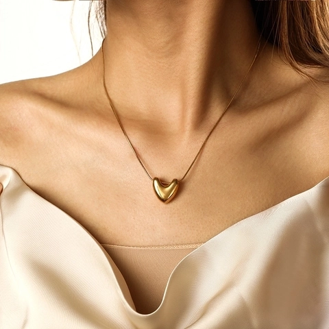 Minimalist 3D Puffy Heart Pendant Necklace For Women 304 Stainless Steel 14K Gold Plated Chic Snake Chain Clavicle Jewelry