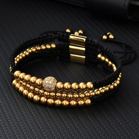 Ensemble De Bracelets À Perles En Laiton Perles Zircone Cubique Pavé Ajustable Corde Tressée Plaqué Or 18K Luxe Pour Hommes